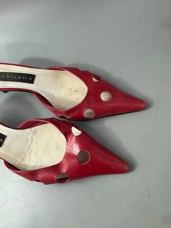 Marilena Red Leather Pointed-toe Kitty Heel Sandals, Size 37 - Picture 12 of 13